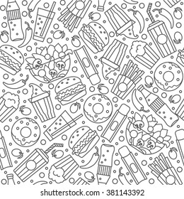 Fast Food Seamless Pattern. Thin line style, flat design,contour line. Vector illustration Template for restaurant and bar. PatternS for Business card, banner, brochure template. 