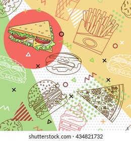 Fast food seamless pattern. Trendy geometric elements memphis cards. Texture, pattern and geometric elements. Elements on the theme of the restaurant business. Vector illustration.