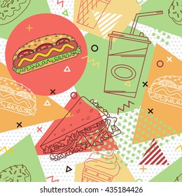Fast food seamless pattern. Trendy geometric elements memphis cards. Texture, pattern and geometric elements. Elements on the theme of the restaurant business. Vector illustration.