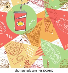 Fast food seamless pattern. Trendy geometric elements. the theme of the restaurant business. Vector illustration.