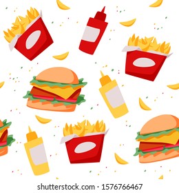 Fast food seamless pattern. Unhealthy meal. Tasty menu background. Vector illustration