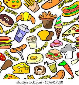 Fast food. Seamless pattern vector drawn doodle cartoon set on the theme of fast food