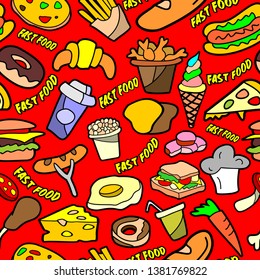 Fast food. Seamless pattern vector drawn doodle cartoon set on the theme of fast food