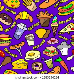 Fast food. Seamless pattern vector drawn doodle cartoon set on the theme of fast food