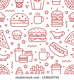 Fast food seamless pattern with vector line icons of hamburger, pizza, hot dog, beverage, cheeseburger. Restaurant menu background, tasty unhealthy lunch.