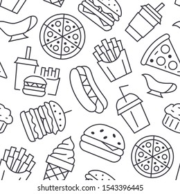 Fast food seamless pattern with vector line icons of hamburger, pizza, hot dog, beverage, cheeseburger. Restaurant menu background, tasty unhealthy lunch.