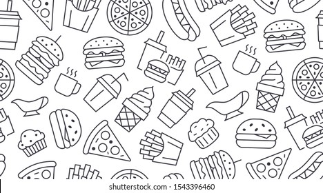 Fast food seamless pattern with vector line icons of hamburger, pizza, hot dog, beverage, cheeseburger. Restaurant menu background, tasty unhealthy lunch.