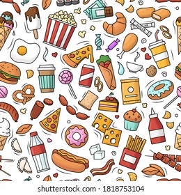 Fast food seamless pattern. Vector template. Doodle illustration of Burger, chocolate, popcorn.