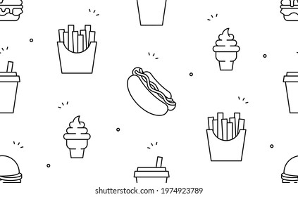 Fast Food seamless pattern. Vector hand drawn illustration