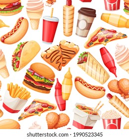 Fast food seamless pattern, vector illustration. Background with crepes, hamburger, wok noodles, hot dog, shawarma, pizza and others for takeaway cafe design. Illustration of street food.