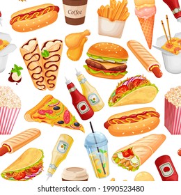 Fast food seamless pattern, vector illustration. Background with crepes, hamburger, wok noodles, hot dog, shawarma, pizza and others for takeaway cafe design. Illustration of street food.