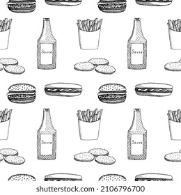 Fast food seamless pattern vector illustration, hand drawing sketch