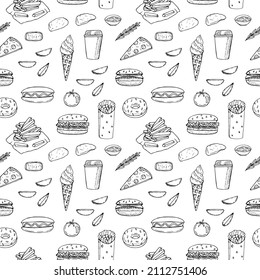 Fast food seamless pattern vector illustration, hand drawing sketch