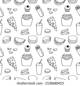 Fast food seamless pattern vector illustration, hand drawing doodles