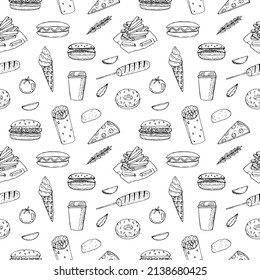 Fast food seamless pattern vector illustration, hand drawing sketch