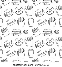 Fast food seamless pattern vector illustration, hand drawing doodles