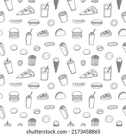 Fast food seamless pattern vector illustration, hand drawing doodles
