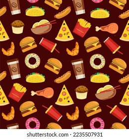 Fast food seamless pattern with vector line icons of hamburger, pizza, hot dog, beverage, cheeseburger. Abstract pattern of junk food. Vector background for your design.  