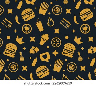 Fast food seamless pattern with vector icons of hamburger, fries, ketchup, beverage, cheeseburger. Restaurant menu background, tasty unhealthy lunch. For online sale advertising, promotion flyer.