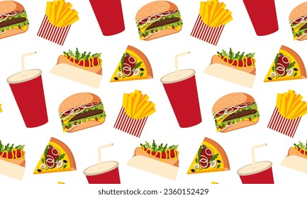 Fast food seamless pattern. Vector background with burger, hod dog, pizza, glass with straw, piece of pizza, french fries. Fast food illustration in flat style.