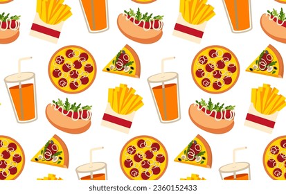 Fast food seamless pattern. Vector background with burger, hod dog, pizza, glass with straw, piece of pizza, french fries. Fast food illustration in flat style.