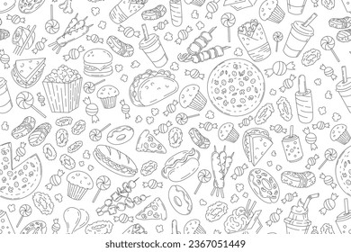 Fast food seamless pattern with vector line icons of hamburger, pizza, hot dog, cheeseburger. Restaurant menu background, tasty unhealthy food