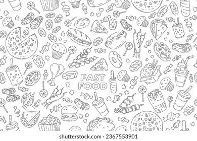 Fast food seamless pattern with vector line icons of hamburger, pizza, hot dog, cheeseburger. Restaurant menu background, tasty unhealthy food