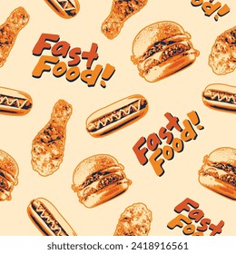 Fast food seamless pattern with vector of hamburger, fried chicken, hot dog, cheeseburger. Restaurant menu background, tasty unhealthy lunch.