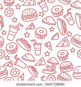 Fast food seamless pattern with vector line icons of hamburger, pizza, hot dog, beverage, cheeseburger. Restaurant menu background, tasty unhealthy lunch