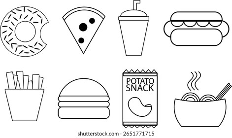 Fast food padrão sem emenda com ícones de linha vetorial de hambúrguer, pizza, cachorro-quente, bebida, donut, batatas fritas e macarrão. Fundo do menu do restaurante, almoço saboroso não saudável	