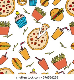 Fast food seamless pattern. Vector illustration. Hand draw.