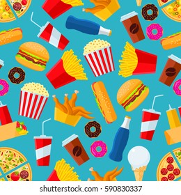 Fast food seamless pattern with vector snacks and drinks as pizza slice, chicken leg, fries, hot dog, cheeseburger, coffee, mayonnaise, ketchup, soda drink, ice cream scoop, pop corn, donut.