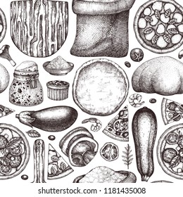 Fast food seamless pattern. Vintage menu or packaging design. Hand drawn italian pizza ingradients and stuff sketches. Vector pizzeria or bakery background.