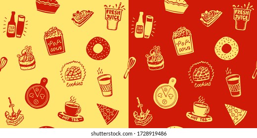 Fast food seamless patterns set, doodle style hand drawn food symbols - donut, popcorn, pizza, tea, fresh juice, cake, beer, cookies and sandwich symbols