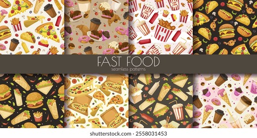 Fast food seamless patterns with vibrant variety of dishes. Vector illustration