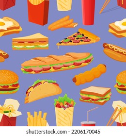 Fast food seamless pattern.Various elements of street food on a blue background.Vector illustration.