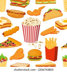 Fast food seamless pattern.Various elements of street food on a white background.Vector illustration.