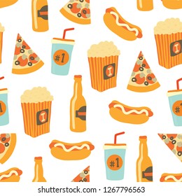 Fast food seamless vector pattern. Snack food and drinks Background with hand draw pizza, hot dog, popcorn, beer, cup. Doodle snack items. Use for menu, flyer, decor, summer, football or soccer party.