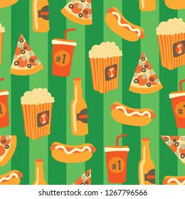 Fast Food Seamless Vector Pattern. Snack Food And Drinks Background With Hand Draw Pizza, Hot Dog, Popcorn, Beer, Cup. Doodle Snack Items. Use For Menu, Flyer, Decor, Summer, Football Or Soccer Party.