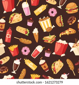 Fast food seamless vector pattern. Cartoon illustration of burger sandwich, hamburger, pizza and hot dog, ice cream and french fries. Fast food meal restaurant menu cover or wrapping, textile.