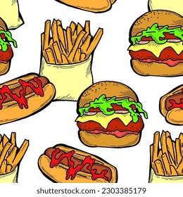 Fast food seamless vector pattern with hamburger, french fries, hot dog. Decorative design for wrapping paper, fabric print, digital background. Hand drawn doodle style cartoon illustration.