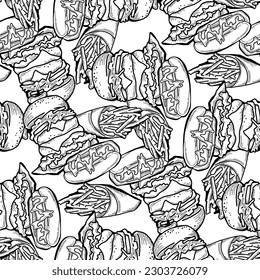 Fast food seamless vector pattern with hamburger, french fries, hot dog. Decorative design for wrapping paper, fabric print, digital background. Hand drawn doodle style cartoon illustration.