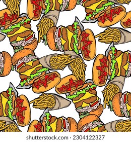 Fast food seamless vector pattern with hamburger, french fries, hot dog. Decorative design for wrapping paper, fabric print, digital background. Hand drawn doodle style cartoon illustration.