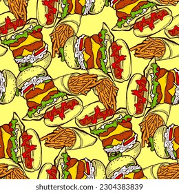 Fast food seamless vector pattern with hamburger, french fries, hot dog. Decorative design for wrapping paper, fabric print, digital background. Hand drawn doodle style cartoon illustration.