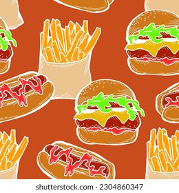 Fast food seamless vector pattern with hamburger, french fries, hot dog. Decorative design for wrapping paper, fabric print, digital background. Hand drawn doodle style cartoon illustration.