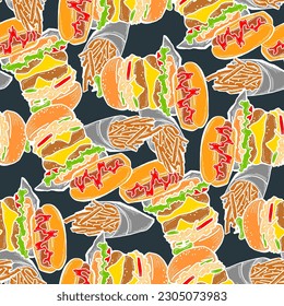Fast food seamless vector pattern with hamburger, french fries, hot dog. Decorative design for wrapping paper, fabric print, digital background. Hand drawn doodle style cartoon illustration.