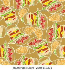 Fast food seamless vector pattern with hamburger, french fries, hot dog. Decorative design for wrapping paper, fabric print, digital background. Hand drawn doodle style cartoon illustration.
