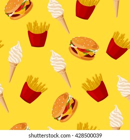 Fast food. Seamless vector pattern of cartoon food icons. French fries, burger and  vanilla ice cream cone. Hand-drawn vector illustration of popular junk food. eps10. Minimalistic style.