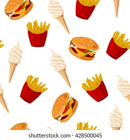 Fast food. Seamless vector pattern of cartoon food icons. French fries, burger and  vanilla ice cream cone. Hand-drawn vector illustration of popular junk food. eps10. Minimalistic style.