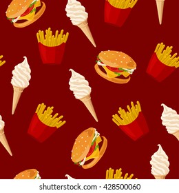 Fast food. Seamless vector pattern of cartoon food icons. French fries, burger and  vanilla ice cream cone. Hand-drawn vector illustration of popular junk food. eps10. Minimalistic style.